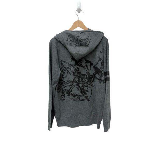 NWT Ed Hardy Eagle Wool Angora Blend Full‎ Zip Hoodie Sweater Gray Size Large